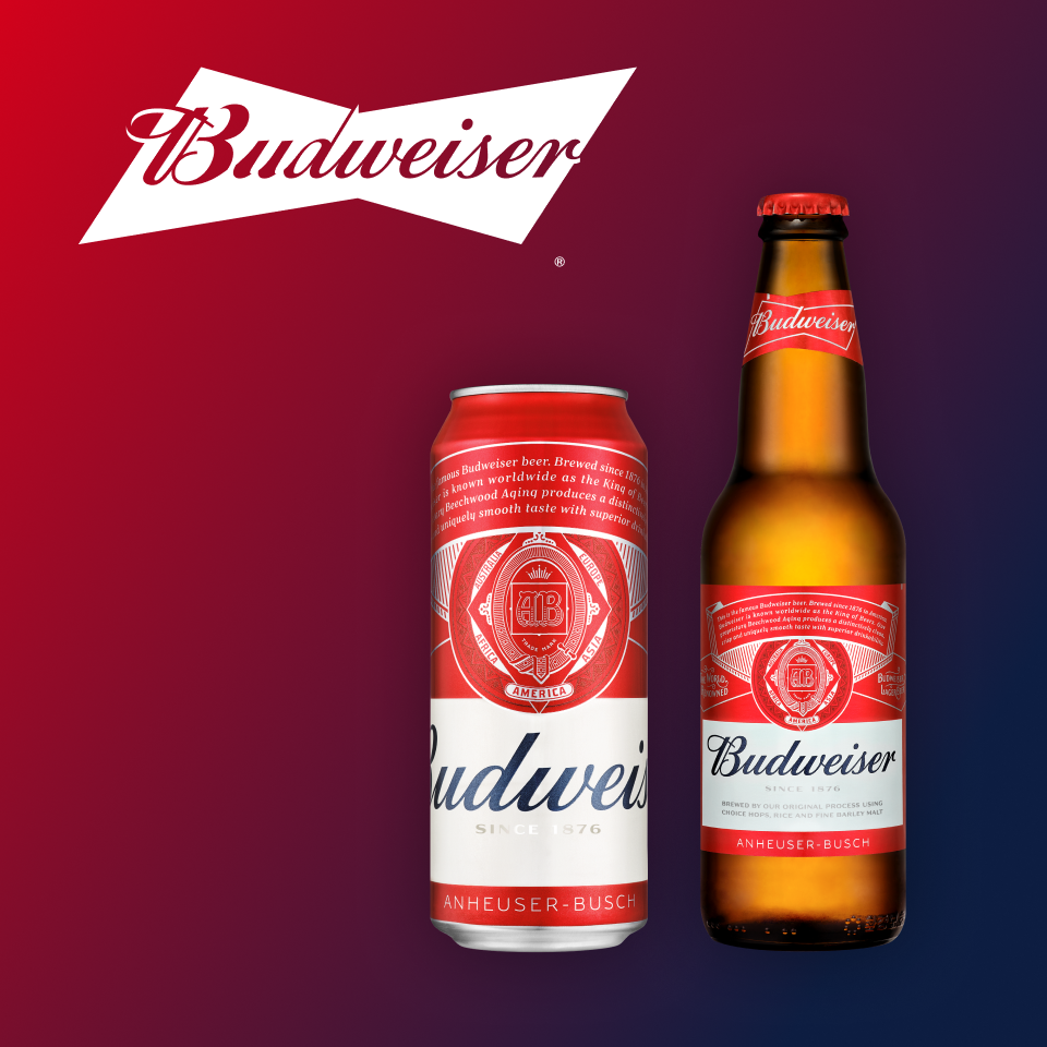 버드와이저 브랜드 로고와 레드 컬러에 330, 500ml캔과 병맥주가 표기되어 있습니다.