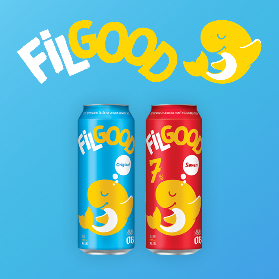 필굿 브랜드 로고와 레드,스카이 컬러에 500ml 캔맥주가 표기되어 있습니다.