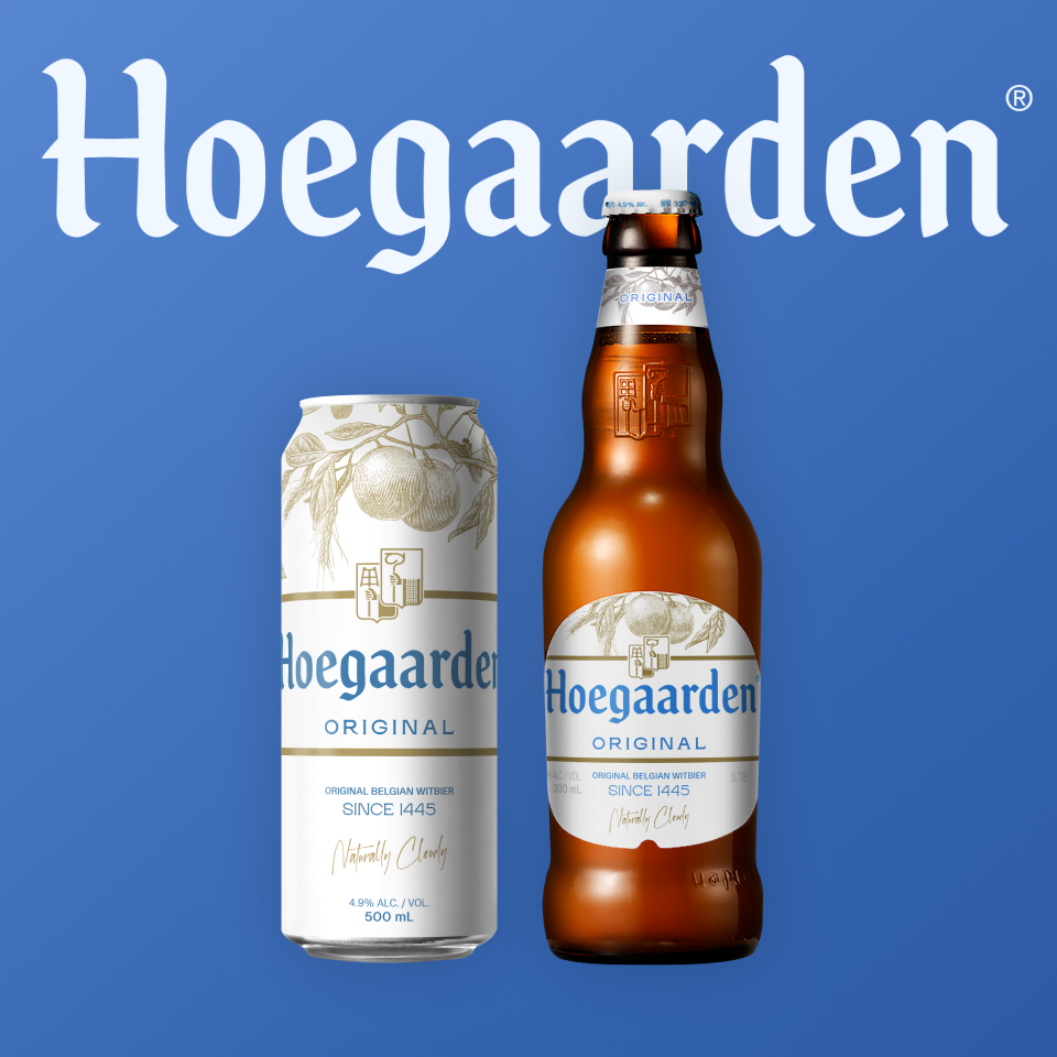 호가든 브랜드 로고와 화이트 컬러에 330, 500ml캔과 병맥주가 표기되어 있습니다.