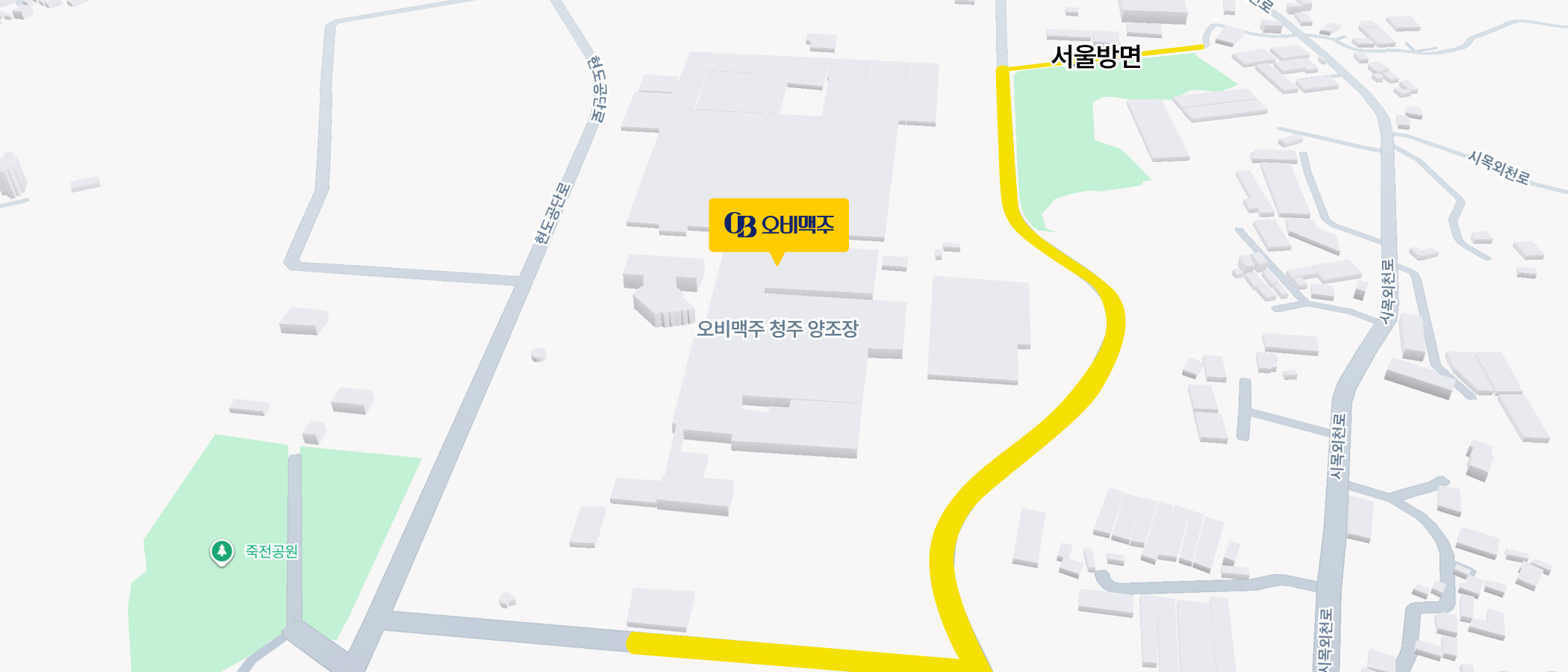 오비맥주 청주 양조장으로 가는길의 약도가 표기되어 있습니다.
