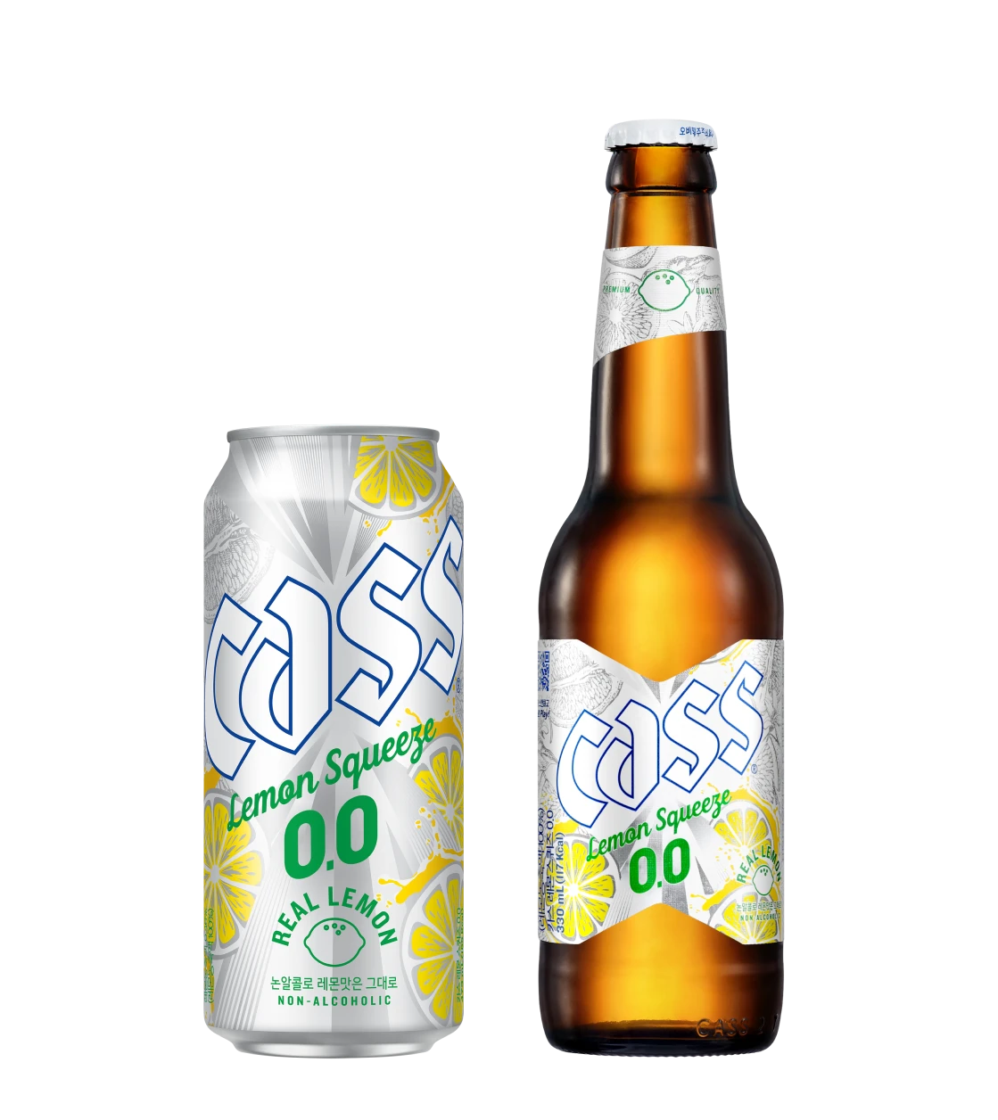 카스 레몬 스퀴즈 0.0 병맥주와 캔맥주 제품 이미지