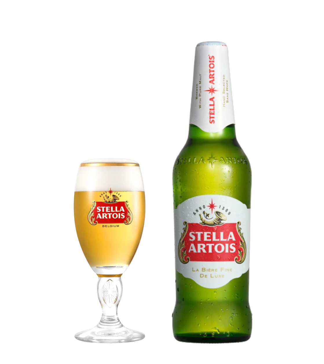 스텔라 아르투아 유리잔과 병맥주 제품 이미지